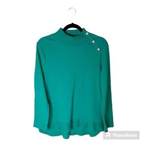 Rafaella Green Mock Neck Sweater with 3 Silver Buttons on‎ Shoulder Size Large